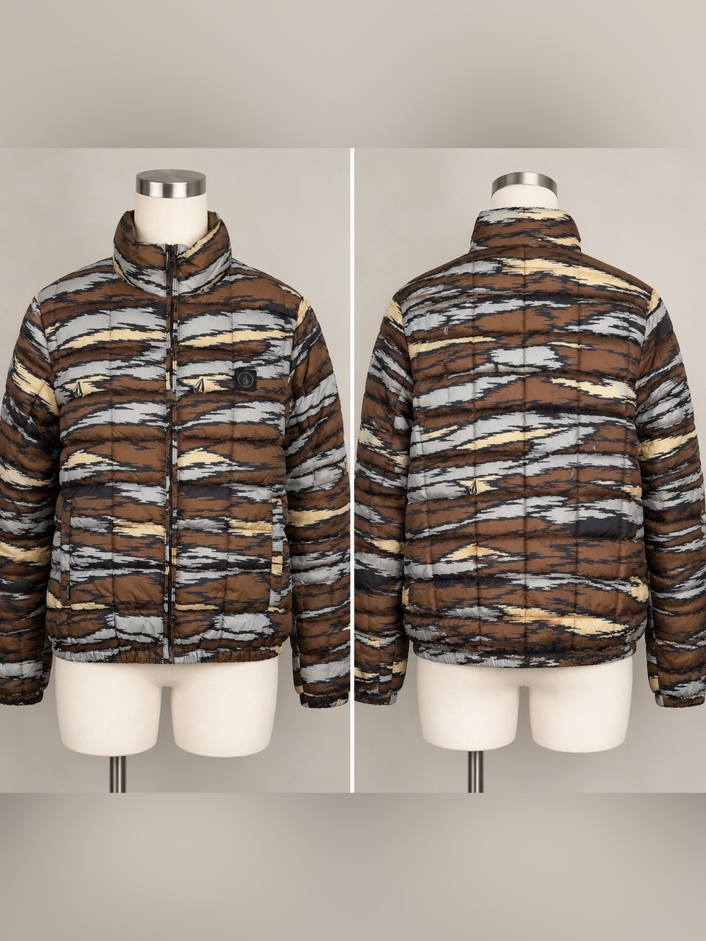Volcom Reversible Camo Puffer Jacket Brown Gray Insulated Men’s Small